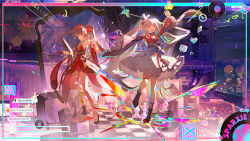  2girls absurdres black_boots black_hair black_hat boots breasts character_name chess_piece chessboard chinese_commentary chinese_text commentary_request dress dual_persona fox_mask hat highres honkai:_star_rail honkai_(series) knight_(chess) long_hair mask mask_on_head mini_hat mini_top_hat mirror multiple_girls pawn_(chess) queen_(chess) red_dress skirt small_breasts smile sparkle_(honkai:_star_rail) sparxie_(honkai:_star_rail) top_hat translation_request twintails very_long_hair violet_eyes white_hair white_skirt zhui_ming_jin_ge 