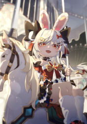  1girl animal_ears black_bow black_skirt blush bow carousel character_request commentary_request fang hair_bow hair_ornament hairpin indie_virtual_youtuber leg_warmers ling_huanxiang long_hair looking_at_viewer open_mouth rabbit_ears rabbit_girl red_bow red_eyes red_shirt shirt skirt smile solo twintails very_long_hair virtual_youtuber white_hair white_leg_warmers 