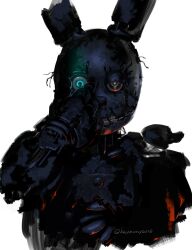  absurdres animal_ears animal_nose cable cropped_torso damaged exposed_internal_machinery five_nights_at_freddy's five_nights_at_freddy's_3 glowing glowing_eyes half-closed_eye hand_up highres horror_(theme) humanoid_robot kawarayane looking_at_viewer mechanical_ears rabbit_ears robot simple_background solo springtrap twitter_username upper_body white_background 