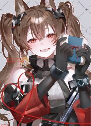  1girl :d alternate_breast_size_(larger) angelina_(arknights) animal_ear_fluff animal_ears arknights arknights:_endfield bare_shoulders black_gloves box breasts brown_hair chinese_text coat commentary dated diamond-shaped_pupils diamond_(shape) dot_nose dress elbow_gloves film_grain fox_ears fox_girl gift gift_box gilberta_(arknights) gloves grey_background grey_dress hair_between_eyes headpiece high_collar highres impossible_clothes impossible_dress large_breasts light_blush long_hair long_sleeves looking_at_viewer off_shoulder open_clothes open_coat red_coat red_eyes simple_background smile solo symbol-shaped_pupils translation_request twintails upper_body valentine watermark yukiusagi_(snowrabbit0508) 