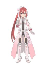  1girl ahoge armor armored_dress black_bodysuit bodysuit boots closed_mouth dress flower full_body gloves hair_flower hair_ornament long_hair looking_at_viewer magical_girl official_art pink_dress pink_gloves red_eyes red_hair second-party_source side_ponytail simple_background smile solo standing tachi-e takashima_yuuna transparent_background very_long_hair white_boots yuuki_yuuna_wa_yuusha_de_aru yuusha_de_aru 