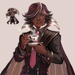  1boy :d aegyo_sal black_coat black_hair black_shirt brown_cape cape coat coffee collared_coat collared_shirt commentary cookie_run cookie_run:_kingdom cup dark-skinned_male dark_skin english_commentary espresso_cookie facing_viewer fingernails flipped_hair gem glasses gold_trim grey_background grin hands_up holding holding_cup holding_plate humanization lace-trimmed_shirt_collar light-skinned_palms lips long_sleeves looking_at_viewer looking_to_the_side male_focus multicolored_hair necktie nijuuni official_art_inset orange_eyes pink_gem pink_necktie plate realistic reference_inset round_eyewear shirt short_hair simple_background sleeve_cuffs smile solo sparkle steam streaked_hair striped_cape thick_eyebrows twitter_username two-tone_hair upper_body vertical-striped_cape white-framed_eyewear white_hair 