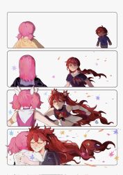  2girls aged_down bare_shoulders bow bowtie bridal_gauntlets child closed_eyes grin highres hug jinx_(league_of_legends) kid_sppinarl league_of_legends long_hair lux_(league_of_legends) medium_hair multiple_girls open_mouth pink_hair red_bow red_bowtie red_eyes red_hair smile star_guardian_jinx star_guardian_lux teeth twintails white_background yuri 