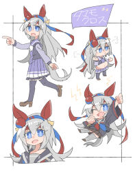  1girl :d ;d beer_hsk big_belly black_shirt blue_eyes blue_hairband brown_shoes chibi clenched_hands commentary_request fang grey_hair grey_thighhighs hair_between_eyes hairband headband highres lightning_bolt_symbol long_hair long_sleeves multiple_views one_eye_closed pleated_skirt prototype_design purple_shirt purple_skirt purple_thighhighs red_headband ribbed_thighhighs school_uniform shirt shoes skirt smile tamamo_cross_(fast_as_lightning)_(umamusume) tamamo_cross_(umamusume) thigh-highs tracen_school_uniform umamusume v-shaped_eyebrows very_long_hair walking wide_sleeves x_navel 