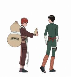  2boys absurdres bag bandaged_arm bandaged_hand bandages belt black_eyeliner black_hair blunt_bangs blush bodysuit bowl_cut brown_jacket brown_pants eyeliner fishnet_leggings full_body gaara_(naruto) gourd green_bodysuit highres holding holding_bag intelli_intel jacket leg_warmers looking_at_another makeup male_focus multiple_boys naruto_(series) naruto_shippuuden open-toe_shoes orange_leg_warmers pants parted_lips red_belt red_hair ribbed_leg_warmers rock_lee sash short_hair thick_eyebrows white_background white_sash 