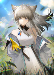  1girl animal_ears arknights arknights:_endfield bare_shoulders bird_ears bird_girl blue_eyes blue_sky chinese_commentary closed_mouth clouds commentary_request day dress floating_hair gloves grass grey_hair hand_up highres jacket lens_flare long_hair looking_at_viewer off_shoulder open_clothes open_jacket outdoors perlica_(arknights) sky sleeveless sleeveless_dress smile solo upper_body white_dress white_jacket yellow_gloves yinse_banji 