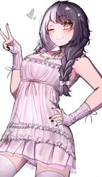  1girl ;) absurdres black_hair black_nails blush bow braid breasts closed_mouth cowboy_shot empire_waist fingerless_gloves frilled_nightgown gloves grey_hair hair_bow hair_ornament hand_on_own_hip hand_up hashtag-only_commentary heart highres hololive hololive_english large_breasts long_hair looking_at_viewer low_twin_braids multicolored_hair nail_polish nightgown official_alternate_costume official_alternate_hairstyle one_eye_closed pink_bow pink_gloves pink_nightgown ribbed_gloves shiori_novella shiori_novella_(sleepwear) silva_arts simple_background sleepwear smile solo split-color_hair standing star_(symbol) star_hair_ornament twin_braids two-tone_hair v virtual_youtuber white_background yellow_eyes 