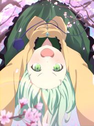  1girl blue_sky blurry blush breasts buttons cherry_blossoms collared_shirt commentary_request day depth_of_field diamond_button eyeball falling_petals frilled_shirt_collar frilled_skirt frills green_eyes green_hair highres komeiji_koishi lark_(2h9mti6xh72g79l) long_sleeves looking_at_viewer no_headwear open_mouth petals pink_petals shirt skirt sky small_breasts solo teeth third_eye touhou upper_teeth_only upside-down yellow_shirt 