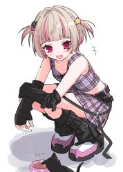  +++ 1girl :d absurdres arm_belt arm_warmers bare_shoulders belt black_arm_warmers black_belt black_cat black_leg_warmers blunt_bangs blush candy cat cigarette_candy collarbone colored_inner_hair crop_top cross-laced_clothes cross-laced_top fang food from_side full_body furrowed_brow grey_hair hair_intakes hair_ornament highres holding holding_candy holding_food kokeshi_(kokekokeko619) leg_belt leg_warmers looking_at_animal loose_belt makaino_ririmu makaino_ririmu_(6th_costume) midriff miniskirt multicolored_hair multicolored_hair_bobbles multiple_belts nijisanji no_headwear no_jacket pink_hair pink_shoes pink_skirt pink_streaks plaid_clothes plaid_skirt pleated_skirt pointy_ears red_eyes shoes short_hair simple_background skin_fang skirt sleeveless smile solo squatting star_(symbol) star_hair_ornament streaked_hair two-tone_hair two_side_up virtual_youtuber white_background wolf_cut 