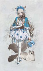  1girl animal animal_ears bag bag_bow blue_bow blue_capelet blue_eyes bonnet bow bowtie bridal_gauntlets bubble_skirt capelet cat cat_ears cat_girl cat_tail elbow_gloves footwear_bow full_body gloves grey_bow grey_bowtie highres holding holding_bag itou_(very_ito) looking_at_viewer original pantyhose shoes skirt solo striped_bow striped_bowtie striped_clothes tail white_gloves white_hair white_pantyhose white_shoes 