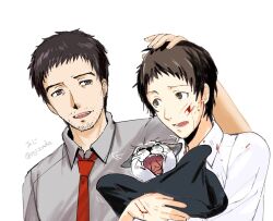  2boys adachi_tooru ajirostudio animal beard_stubble blood blood_on_clothes blood_on_face brown_eyes brown_hair cat collared_shirt commentary_request doujima_ryoutarou facial_hair grey_shirt hand_on_another's_head highres holding holding_animal holding_cat injury looking_at_another male_focus multiple_boys necktie open_mouth persona persona_4 red_necktie scratches shirt short_hair simple_background stubble upper_body white_background white_shirt 