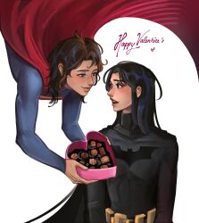  2girls batman batman_(series) black_bodysuit black_cape black_hair blue_bodysuit blue_eyes bodysuit box box_of_chocolates bruce_wayne cape chocolate clark_kent commentary crybanana77 dc_comics english_commentary flying genderswap genderswap_(mtf) giving happy_valentine heart-shaped_box highres holding holding_box long_hair multiple_girls open_mouth red_cape superhero_costume superman superman_(series) valentine yuri 