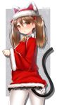  1girl animal_hat bell blush brown_eyes brown_hair cat_hat cat_tail gloves hat hattori_(junoct2000) heart heart-shaped_pupils highres kantai_collection long_hair long_sleeves looking_at_viewer pantyhose ryuujou_(kantai_collection) santa_costume single_glove skirt solo symbol-shaped_pupils tail torn_clothes torn_pantyhose twintails white_gloves white_legwear wide_sleeves 