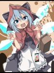  1girl adapted_costume apron basket blue_eyes blue_hair blush bow capelet cirno commentary do_(4-rt) fang hair_bow hood ice ice_wings little_red_riding_hood little_red_riding_hood_(cosplay) open_mouth popsicle shirt skirt skirt_set solo touhou tsurime waist_apron wings 