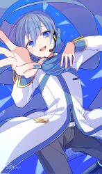  1boy arms_up belt black_pants blue_background blue_eyes blue_hair blue_nails blue_scarf blue_trim coat commentary_request headset highres kaito_(vocaloid) kaito_(vocaloid3) kusunokimizuha looking_at_viewer male_focus nail_polish outstretched_arm pants partially_unzipped scarf short_hair signature sleeve_cuffs smile solo vocaloid white_belt white_coat zipper_pull_tab 
