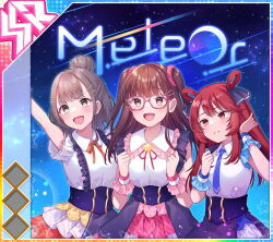  3girls :d album_cover arm_up blue_necktie blue_sky blush breasts brooch brown_hair clenched_hands cover cowboy_shot crescent_moon diagonal-striped_clothes diagonal-striped_skirt dot_nose english_text frilled_suspenders game_cg glasses green_eyes hair_bun hair_ornament hair_rings hair_scrunchie hairclip half_updo hand_in_own_hair hands_up idol_wars jewelry kurohime_kokoa large_breasts layered_skirt lens_flare long_hair medium_hair moon multiple_girls necktie official_art open_mouth parted_lips pink_scrunchie pink_skirt purple-framed_eyewear purple_skirt red_eyes red_skirt scrunchie shinohara_mahiru shirt shooting_star short_sleeves sidelocks single_hair_bun skirt sky smile star_(sky) star_(symbol) star_brooch starry_sky striped_clothes suspenders takanashi_mizuki teeth third-party_source two_side_up underbust white_shirt white_skirt 