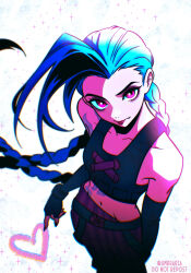  1girl arcane:_league_of_legends arcane_jinx black_gloves blue_hair braid chromatic_aberration cloud_tattoo crop_top elbow_gloves eyeshadow fingerless_gloves from_above gloves heart highres hip_bones hip_tattoo jinx_(league_of_legends) league_of_legends long_hair low_twin_braids makeup midriff navel pink_eyes purple_eyeshadow shoulder_tattoo solo tattoo tongue tongue_out tumblr_username twin_braids umbra_(edits_umbra) very_long_hair watermark 