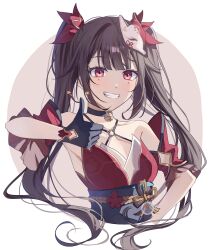  1girl bare_shoulders bell black_choker black_gloves black_sash breasts brown_background brown_hair choker collarbone commentary criss-cross_halter detached_sleeves dress eyeliner facial_mark floral_print fox_mask gloves grin hair_ornament hair_ribbon halter_dress halterneck hand_up highres honkai:_star_rail honkai_(series) long_hair looking_at_viewer mahiru_yura makeup mask mask_on_head neck_bell o-ring obi red_dress red_eyeliner red_eyes red_ribbon red_sleeves ribbon sash scene_reference shaded_face sleeveless sleeveless_dress small_breasts smile solo sparkle_(honkai:_star_rail) standing star_(symbol) teeth thumbs_up twintails unworn_mask upper_body very_long_hair white_background wide_sleeves 