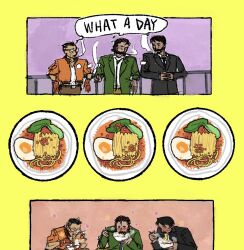  3boys against_railing beard black_jacket bowl chopsticks commentary disco_elysium eating facial_hair food fufufu484 glasses gloves green_jacket harry_du_bois highres holding holding_chopsticks jacket jean_vicquemare kim_kitsuragi looking_at_another male_focus multiple_boys mutton_chops noodles orange_gloves orange_jacket railing ramen shared_speech_bubble shirt smoke smoke_trail smoking softboiled_egg speech_bubble steaming_food suit_jacket untranslatable_commentary white_shirt 