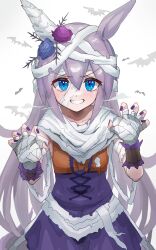  absurdres amamoru_21 animal_ears bandaged_arm bandaged_ear bandaged_head bandages bat_(animal) blue_eyes blue_flower blue_rose blush claw_pose commentary_request flower grey_hair grin hair_flower hair_ornament halloween halloween_costume highres horse_ears horse_girl long_hair mummy_costume official_alternate_costume open_mouth orange_shirt purple_nails purple_skirt rose shirt skirt smile tamamo_cross_(beware!_halloween_night!)_(umamusume) tamamo_cross_(umamusume) teeth umamusume very_long_hair 