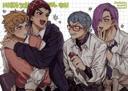  4boys alternate_universe beanie black_eyes black_jacket blonde_hair blue_hair commentary_request copyright_name eyelashes fang ghiaccio giorno_giovanna glasses green_eyes grid_background guido_mista hair_over_one_eye hat highres jacket jojo_no_kimyou_na_bouken long_sleeves male_focus melone multiple_boys necktie neg_50asu open_mouth pink_sweater_vest purple_hair red-framed_eyewear red_hat sharp_teeth short_hair striped_clothes striped_necktie sweater_vest teeth vento_aureo 