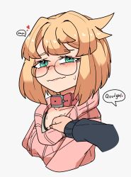  1girl 1other :s absurdres alternate_costume animal_collar bespectacled black_bra black_sweater blonde_hair blush bra bridget_(guilty_gear) closed_mouth clothes_pull collar collarbone commentary disembodied_arm embarrassed english_commentary glasses green_eyes guilty_gear guilty_gear_strive hair_intakes half-closed_eyes heart highres light_smile long_sleeves mxdotesolu nose_blush pink_sweater puffy_long_sleeves puffy_sleeves raised_inner_eyebrows red_collar simple_background speech_bubble spoken_heart sweatdrop sweater sweater_pull swept_bangs underwear upper_body white_background 