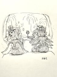  2girls absurdres aerial_fireworks alternate_costume bow cirno closed_eyes commentary_request commission daiyousei detached_wings fairy fairy_wings fireworks hair_bow happi highres ice ice_wings japanese_clothes mask mask_on_head menotama multiple_girls open_mouth skeb_commission smile summer_festival touhou traditional_media translation_request wings 