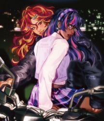  2girls :d aegyo_sal alternate_skin_color arm_support backlighting belt black_hair black_jacket black_sky blonde_hair blue_eyes blunt_bangs blunt_ends blush breasts brown_belt brown_gloves building commentary cowboy_shot crescent crescent_earrings curtained_hair dark-skinned_female dark_skin double-parted_bangs ear_piercing earrings english_commentary from_behind gloves grin hair_between_eyes hair_ornament hairband hairclip hand_on_another's_thigh heart heart_hair_ornament highres jacket jewelry kouxhii lips long_hair long_sleeves looking_at_viewer looking_back miniskirt motor_vehicle motorcycle multicolored_hair multiple_girls my_little_pony my_little_pony:_equestria_girls my_little_pony:_friendship_is_magic night on_motorcycle parallel_hairclips piercing pink_hair plaid_clothes plaid_hairband plaid_skirt pleated_skirt puffy_long_sleeves puffy_sleeves purple_hair purple_hairband purple_skirt purple_sweater_vest realistic red_hair school_uniform sci-twi shiny_clothes shirt sidelocks sideways_glance silver_earrings sitting skirt sky sleeves_past_wrists small_breasts smile straight_hair streaked_hair sunset_shimmer sunset_shimmer_(human) sweater_vest thick_eyebrows twilight_sparkle twitter_username two-tone_hair underlighting very_dark_skin violet_eyes wavy_hair white_shirt 