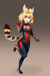  1girl :d absurdres animal_ear_fluff animal_ears animal_print artist_name blonde_hair blue_bodysuit blush bodysuit breasts brown_background cat_ears cat_girl cat_tail clenched_hands commentary cosplay extra_ears full_body gradient_background hair_between_eyes highres jonstrange0613 kemono_friends kemono_friends_kingdom large_breasts leg_up looking_at_viewer marvel marvel's_spider-man multicolored_bodysuit open_mouth print_bodysuit raised_eyebrows red_bodysuit serval_(kemono_friends) short_hair signature silver_trim smile solo spider-man spider-man_(cosplay) spider-man_(series) spider_print spider_web_print standing standing_on_one_leg striped_tail superhero_costume tail teeth two-tone_bodysuit upper_teeth_only web_shooter yellow_eyes yellow_tail 