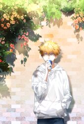  1boy brick_wall can commentary haikyuu!! hand_in_pocket hinata_shouyou holding holding_can hood hoodie looking_to_the_side male_focus orange_hair sanddek short_hair solo tree untranslatable_commentary white_hoodie 