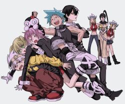  >_< 1other 3boys 4girls amugonagurim anger_vein bare_shoulders black_boots black_dress black_gloves black_hair black_jacket black_pants black_shirt black_shoes black_shorts black_star black_suit black_thighhighs blonde_hair blue_eyes blue_hair boots breasts brown_pants closed_eyes commentary_request cowboy_hat crona_(soul_eater) cropped_sweater crossed_arms d: death_the_kid dogpile dress dx elizabeth_thompson fingerless_gloves full_body furrowed_brow gloves green_hair grey_dress grey_pants hair_between_eyes hairband hand_on_own_hip hat highres jacket korean_commentary long_hair maka_albarn medium_breasts midriff multicolored_hair multiple_boys multiple_girls nakatsukasa_tsubaki navel necktie nervous_smile open_mouth own_hands_together pants parted_bangs parted_lips patricia_thompson pink_hair ponytail red_eyes red_shoes red_skirt red_sweater shaded_face sharp_teeth shirt shoes short_hair shorts shoulder_tattoo siblings side_slit sisters skirt skull_ornament sleeveless sleeveless_turtleneck smile sneakers soul_eater soul_evans spiky_hair squatting star_(symbol) star_tattoo streaked_hair striped_hair suit suit_jacket sweatdrop sweater tattoo teeth thigh-highs turtleneck twintails white_boots white_hair white_necktie yellow_eyes yellow_sleeves 