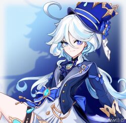  1girl ahoge ascot blue_ascot blue_bow blue_eyes blue_gem blue_hair blue_hat blue_jacket blue_pupils bow chinese_commentary closed_mouth commentary_request dated drop-shaped_pupils furina_(genshin_impact) gem genshin_impact hair_between_eyes hat heterochromia jacket long_hair long_sleeves looking_at_viewer multicolored_hair smile solo streaked_hair symbol-shaped_pupils thigh_strap top_hat vest white_hair white_vest xiuxiuxiu99900 