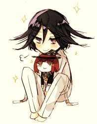  1boy barefoot belt belt_buckle blush buckle character_doll closed_mouth commentary_request danganronpa_(series) danganronpa_v3:_killing_harmony doll dress_pants full_body gold_buckle gomabu_(rirurutennsi) hair_between_eyes holding holding_doll jacket knees_up long_sleeves looking_ahead male_focus no_shoes oma_kokichi open_belt pants purple_hair short_hair sigh simple_background sitting smile solo sparkle thigh_belt thigh_strap violet_eyes white_background white_belt white_jacket white_pants yumeno_himiko 