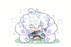  1boy :3 animal_ears bead_necklace beads black_shirt chibi closed_eyes commentary_request facing_viewer grass grey_pants hashtag-only_commentary highres jacket jewelry male_focus multiple_tails murakumo_kagetsu murakumo_kagetsu_(1st_costume) necklace nijisanji off_shoulder pants shirt short_hair shuxingbuming_moxiaobai simple_background sitting solo tail virtual_youtuber white_background white_hair white_jacket 