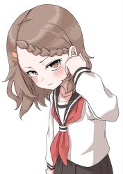  1girl black_sailor_collar black_skirt blush braid braided_bangs brown_eyes brown_hair hair_ornament hairclip hand_up hashtag-only_commentary henfrey14 highres houjou_(takagi-san) karakai_jouzu_no_takagi-san medium_hair mole mole_under_eye neckerchief red_neckerchief sailor_collar school_uniform shirt simple_background skirt solo white_background white_shirt x_hair_ornament 