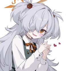  1227ree 1girl arms_up black_choker blue_archive bow bowtie brown_halo choker collared_shirt commentary_request diagonal-striped_bow diagonal-striped_bowtie diagonal-striped_clothes dress furrowed_brow grey_hair hair_bobbles hair_ornament halo highres kanoe_(blue_archive) light_blush long_hair multicolored_eyes one_eye_covered own_hands_together pinafore_dress shirt short_twintails simple_background sleeveless sleeveless_dress solo striped_bow striped_bowtie striped_clothes twintails two-tone_eyes upper_body wavy_mouth white_background 