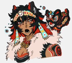  1boy animal_ears bead_necklace beads black_hair blue_eyes colored_inner_hair english_commentary face_piercing grey_background hibashied jewelry lion_boy lion_dance lion_ears long_hair looking_at_viewer male_focus multicolored_eyes multicolored_hair necklace nose_piercing original piercing portrait red_eyes red_hair simple_background solo 