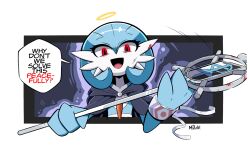  1girl alternate_color artist_name bags_under_eyes black_cape blood blood_on_face blood_on_weapon blue_hair blue_skin bob_cut border cape clothed_pokemon colored_skin commentary english_commentary english_text evil_smile flat_chest gardevoir glowing glowing_eyes hair_between_eyes holding holding_staff hood hood_down hooded_cape looking_at_viewer mega_stone motion_lines mr._death multicolored_skin open_mouth outside_border pokemon pokemon_(creature) red_eyes scratches shiny_pokemon short_hair signature smile solo speech_bubble staff standing straight-on talking team_plasma two-handed two-tone_skin upper_body weapon white_border white_skin 