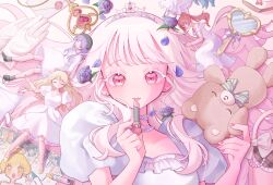  1girl :d bag bare_arms blue_bow blue_bowtie blue_flower blue_petals blue_ribbon blue_rose blush bow bowtie breasts brown_bag choker collarbone colored_eyelashes commentary_request cosmetics crayon crayon_drawing doll drawing_(object) dress earrings envelope flower frilled_bag frilled_choker frilled_dress frills gem gloves hair_flower hair_ornament hair_spread_out hand_mirror handbag hands_up heart heart-shaped_gem heart-shaped_mirror heart_choker highres hitose_rei holding holding_lipstick_tube jewelry leaf lipstick_tube long_hair looking_at_viewer lying mirror multicolored_nails nail_polish on_back open_mouth original pearl_choker petals pink_bow pink_eyes pink_gem pink_nails plaid_bag princess puffy_short_sleeves puffy_sleeves ribbon rose rose_petals short_bangs short_sleeves sidelocks small_breasts smile solo straight-on striped_bow striped_bowtie striped_clothes stud_earrings stuffed_animal stuffed_toy swept_bangs tareme teddy_bear teeth tiara tongue two-tone_bow two-tone_bowtie two-tone_nails unworn_gloves upper_teeth_only very_long_hair wavy_hair white_bow white_choker white_dress white_eyelashes white_gloves white_hair white_nails white_tiara yellow_bow yellow_bowtie 