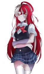  1girl absurdres ahoge alternate_costume alternate_hairstyle black_vest blue_skirt blush bow bowtie breasts closed_mouth colored_skin commentary cowboy_shot crossed_arms demise_(official_makuu) diamond-shaped_pupils diamond_(shape) english_commentary gradient_eyes green_eyes grey_hair grey_skin heterochromia highres hololive hololive_indonesia kureiji_ollie long_hair looking_at_viewer miniskirt mismatched_pupils multicolored_eyes multicolored_hair multicolored_skin patchwork_skin plaid_clothes plaid_skirt pleated_skirt red_bow red_bowtie red_eyes red_hair school_uniform shirt short_sleeves simple_background skirt small_breasts smile solo stitched_arm stitched_face stitched_leg stitches straight_hair symbol-shaped_pupils thigh-highs vest virtual_youtuber white_background white_shirt white_skin white_thighhighs x-shaped_pupils yellow_eyes zettai_ryouiki zombie 