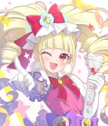  1girl ;d aisaki_emiru blonde_hair blunt_bangs bow bowtie cure_macherie dress_bow drill_hair electric_guitar gloves guitar hair_bow highres holding holding_instrument hugtto!_precure instrument long_hair looking_at_viewer magical_girl one_eye_closed pink_shirt pointing pointing_at_viewer precure puffy_short_sleeves puffy_sleeves purple_bow red_bow red_bowtie red_eyes rice_rabbit22 shirt short_sleeves smile solo twin_drills twin_love_guitar upper_body white_gloves 