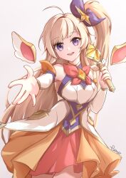  1girl absurdres blonde_hair bow bowtie gem hair_ornament highres league_of_legends long_hair looking_at_viewer magical_girl open_mouth orange_gem reaching seraphine_(league_of_legends) skirt smile star_guardian_(league_of_legends) tuanjiang_w violet_eyes wand 