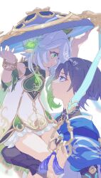  1boy 1girl arm_at_side armlet armor black_bodysuit bloomers blue_cape blue_hat blue_kimono blunt_ends bodysuit borrowed_clothes bracelet bridal_gauntlets bright_pupils cape carrying child_carry closed_mouth colored_tips commentary_request covered_collarbone cross-shaped_pupils detached_sleeves dress eyelashes eyeliner gem genshin_impact glowing_leaves gold gold_trim green_cape green_eyes green_gem green_hair green_sleeves grey_bridal_gauntlets hair_ornament half_crown_braid hand_on_another's_leg hands_up hat highres ishikoro1645 japanese_armor japanese_clothes jewelry jingasa kimono kote kurokote leaf leaf_hair_ornament long_hair looking_at_another makeup mandarin_collar multicolored_hair nahida_(genshin_impact) purple_hair red_eyeliner scaramouche_(genshin_impact) side_cape side_ponytail sidelocks sitting_on_arm smile streaked_hair symbol-shaped_pupils tareme tassel tsurime twitter_username two-sided_fabric violet_eyes wanderer_(genshin_impact) white_background white_bloomers white_dress white_hair white_kimono white_pupils white_trim 