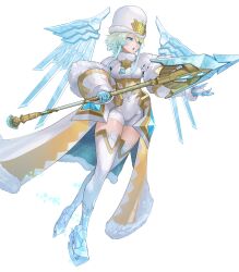  1girl attack blonde_hair blue_eyes breasts brooch cape capelet earrings emblem fire_emblem fire_emblem_heroes fjorm_(fire_emblem) fjorm_(icy_miracle)_(fire_emblem) fur-trimmed_cape fur_hat fur_trim gloves green_eyes hat highres holding holding_polearm holding_weapon ice ice_skates ice_wings jewelry medium_breasts multicolored_hair non-web_source official_alternate_costume official_art parted_lips polearm short_hair short_hair_with_long_locks skates solo thigh-highs weapon white_capelet wings 