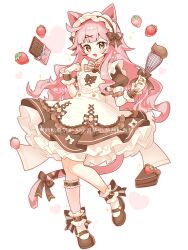  1girl :d absurdres animal_ears apron blunt_bangs blush bow bowtie brown_bow brown_bowtie brown_dress brown_hairband brown_shoes cake cake_slice candy cat_ears cat_girl cat_tail chocolate chocolate_bar chocolate_cake commentary dot_nose dress food frilled_apron frilled_hairband frilled_sleeves frilled_socks frilled_wrist_cuffs frills fruit full_body hair_ornament hairband hand_up heart highres holding holding_whisk long_hair looking_at_viewer mary_janes open_mouth original pink_hair saijo1201 shoes short_sleeves simple_background smile socks solo sparkle standing standing_on_one_leg strawberry striped_bow striped_bowtie striped_clothes tail tail_bow tail_ornament watermark whisk white_apron white_background white_socks wrist_cuffs x_hair_ornament yellow_eyes 