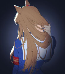  1girl animal_ears armband blue_jacket brown_hair commentary ear_ornament facing_away from_behind grass_wonder_(stone-piercing_blue)_(umamusume) grass_wonder_(umamusume) harapekopoppo highres holding holding_own_hair horse_ears horse_girl jacket long_hair nape sailor_collar solo umamusume upper_body watermark white_sailor_collar 