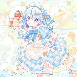  1girl animal_ears apron blue_bow blue_bowtie blue_dress blue_hair blue_ribbon blue_wrist_cuffs blush bow bowtie cake cake_slice colored_inner_hair commentary_request cookie cream dress drinking_straw fake_animal_ears food frilled_apron frilled_thigh_strap frills fruit glass hair_ornament hair_ribbon hairclip heart highres holding holding_tray ice ice_cube iriam kinutani_yutaka maid_headdress miria_(iriam) multicolored_hair official_art parfait plaid_clothes plaid_dress plaid_wrist_cuffs ribbon signature solo star_(symbol) strawberry streaked_hair thigh_strap tray two-tone_hair waist_apron white_apron white_hair wrist_cuffs 