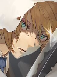  1boy blonde_hair cloak close-up collared_shirt commentary green_eyes hair_between_eyes highres holding holding_sword holding_weapon hood hooded_cloak looking_at_viewer male_focus necktie open_mouth portrait serious shirt short_hair solo sparkle sword touken_ranbu weapon yamamoto_dalmet yamanbagiri_kunihiro 