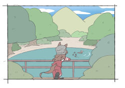  1girl animal animal_ears beer_hsk bird black_shoes blue_sky clouds commentary_request day duck ears_through_headwear grey_hat hat horse_ears horse_girl horse_tail jacket mountain nakayama_festa_(umamusume) outdoors pants pond railing red_jacket red_pants shoe_soles shoes sky solo striped_clothes striped_headwear tail track_jacket track_pants track_suit tree umamusume vertical-striped_clothes vertical-striped_headwear water 