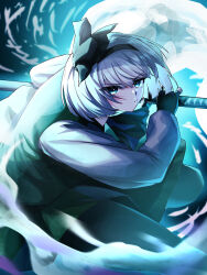  1girl black_gloves blue_eyes commentary fingerless_gloves gloves green_skirt green_vest hairband highres holding holding_sword holding_weapon konpaku_youmu konpaku_youmu_(ghost) long_sleeves medium_hair serious shirt skirt solo sword tenx2_1341 touhou vest weapon white_hair white_shirt 
